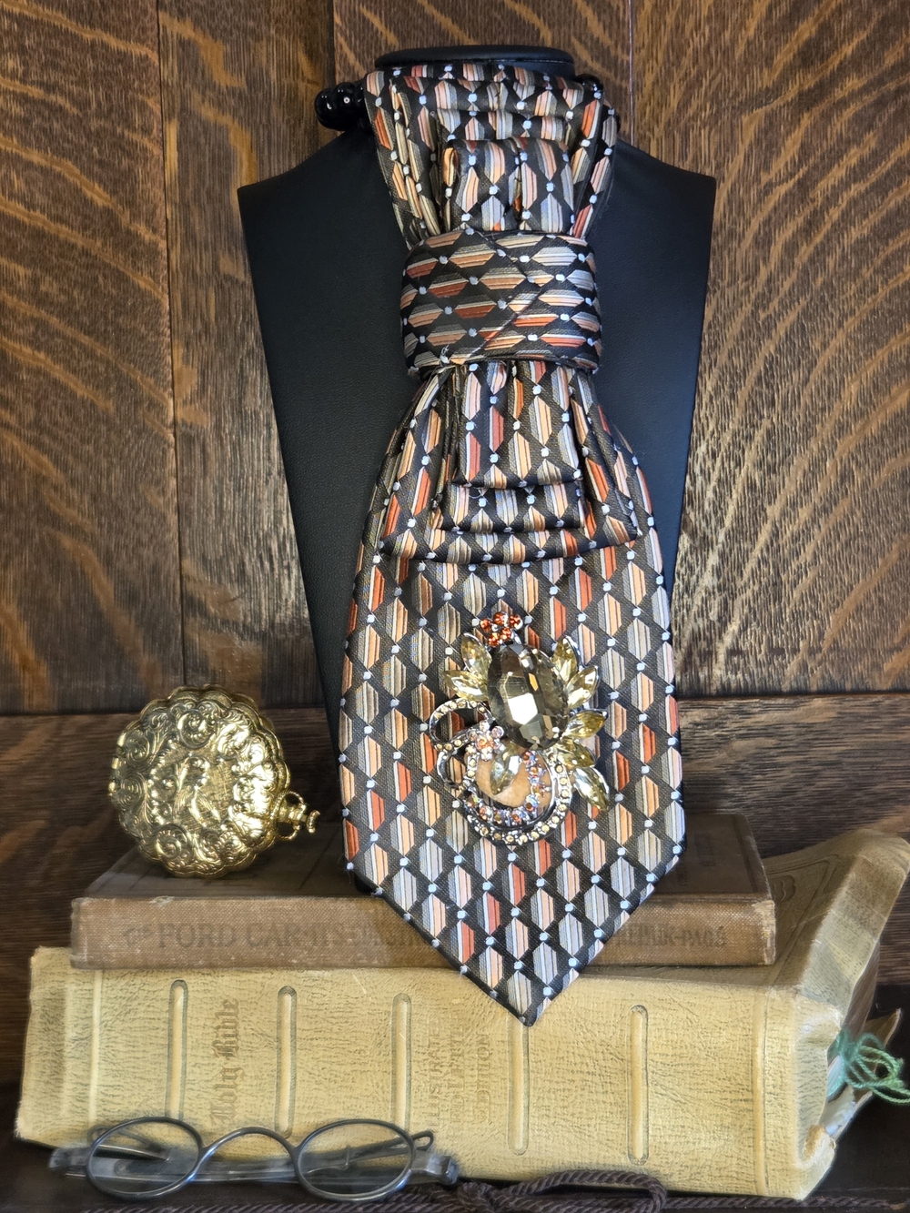 Silk Patterned Ladies Neck Tie in Black, Brown and Orange